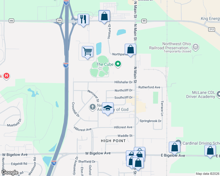 map of restaurants, bars, coffee shops, grocery stores, and more near 216 Northcliff Drive in Findlay