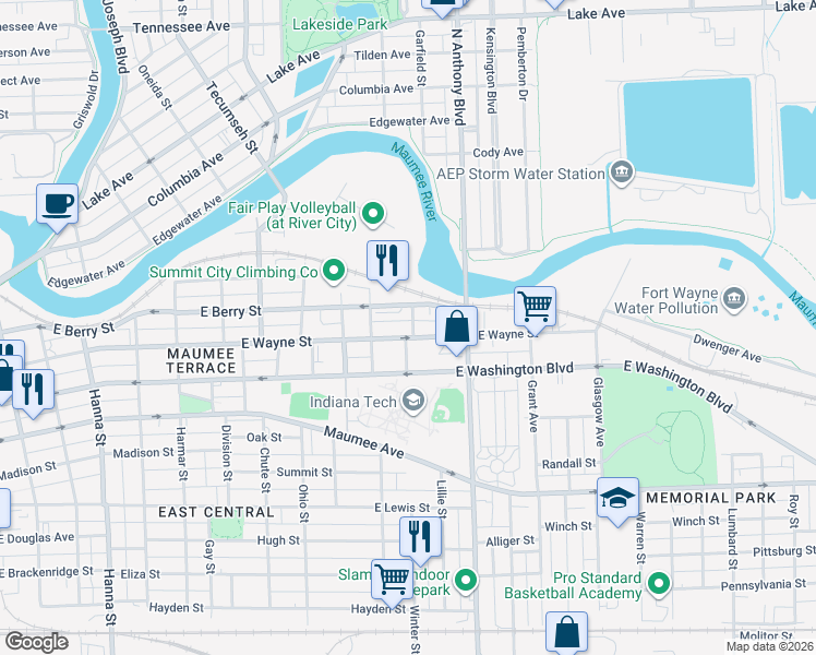 map of restaurants, bars, coffee shops, grocery stores, and more near 1531 East Wayne Street in Fort Wayne