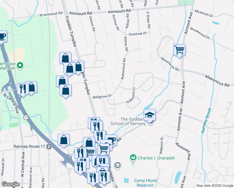 map of restaurants, bars, coffee shops, grocery stores, and more near 10 Homespun Ct in Mahwah