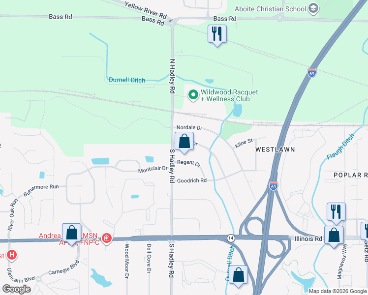 map of restaurants, bars, coffee shops, grocery stores, and more near 7033 Blake Drive in Fort Wayne