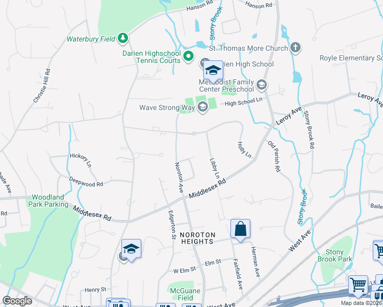 map of restaurants, bars, coffee shops, grocery stores, and more near 19 Revere Road in Darien