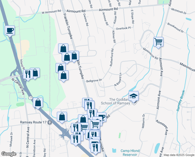 map of restaurants, bars, coffee shops, grocery stores, and more near 107 Bellgrove Drive in Mahwah