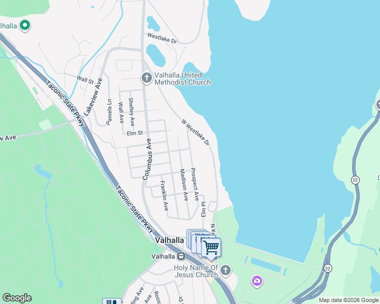 map of restaurants, bars, coffee shops, grocery stores, and more near 186 Prospect Avenue in Valhalla