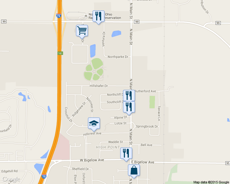 map of restaurants, bars, coffee shops, grocery stores, and more near 144 Northcliff Drive in Findlay