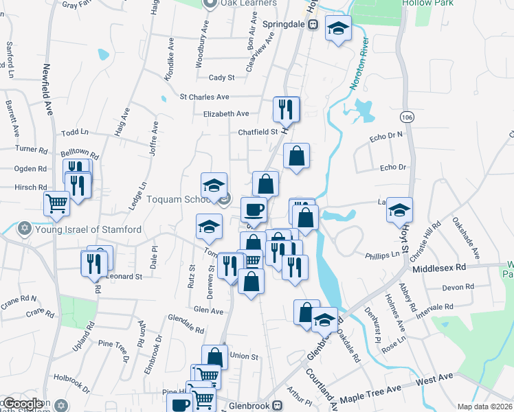map of restaurants, bars, coffee shops, grocery stores, and more near 605 Hope Street in Stamford