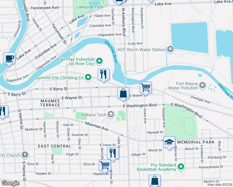 map of restaurants, bars, coffee shops, grocery stores, and more near 1617 East Wayne Street in Fort Wayne