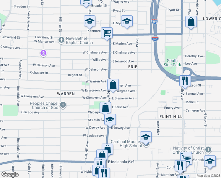 map of restaurants, bars, coffee shops, grocery stores, and more near 1923 Market Street in Youngstown