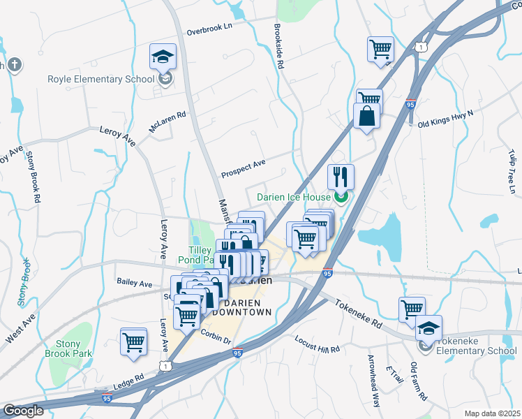 map of restaurants, bars, coffee shops, grocery stores, and more near 17 Highland Avenue in Darien
