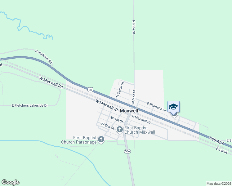 map of restaurants, bars, coffee shops, grocery stores, and more near 108 North Cedar Street in Maxwell