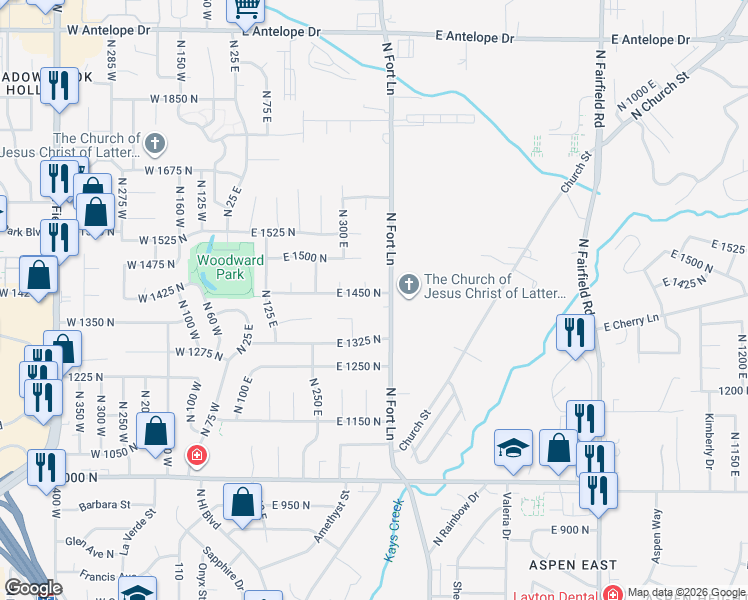 map of restaurants, bars, coffee shops, grocery stores, and more near 368 East 1450 North in Layton