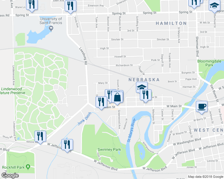 map of restaurants, bars, coffee shops, grocery stores, and more near 718 Runnion Avenue in Fort Wayne