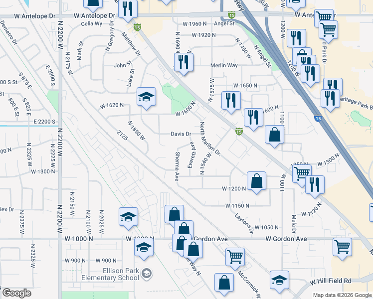 map of restaurants, bars, coffee shops, grocery stores, and more near 1522 Sherma Avenue in Layton
