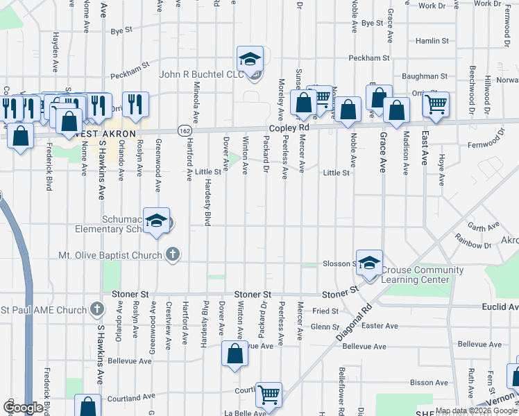 map of restaurants, bars, coffee shops, grocery stores, and more near 882 Packard Dr in Akron