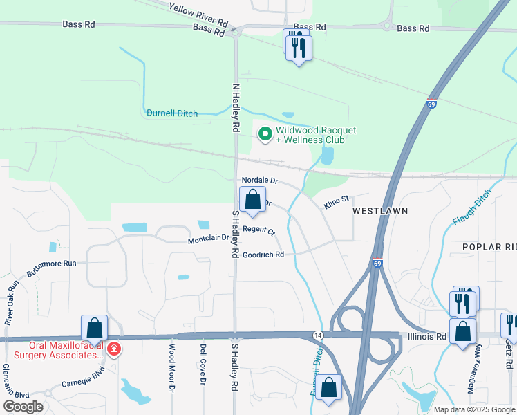map of restaurants, bars, coffee shops, grocery stores, and more near 7001 Blake Drive in Fort Wayne