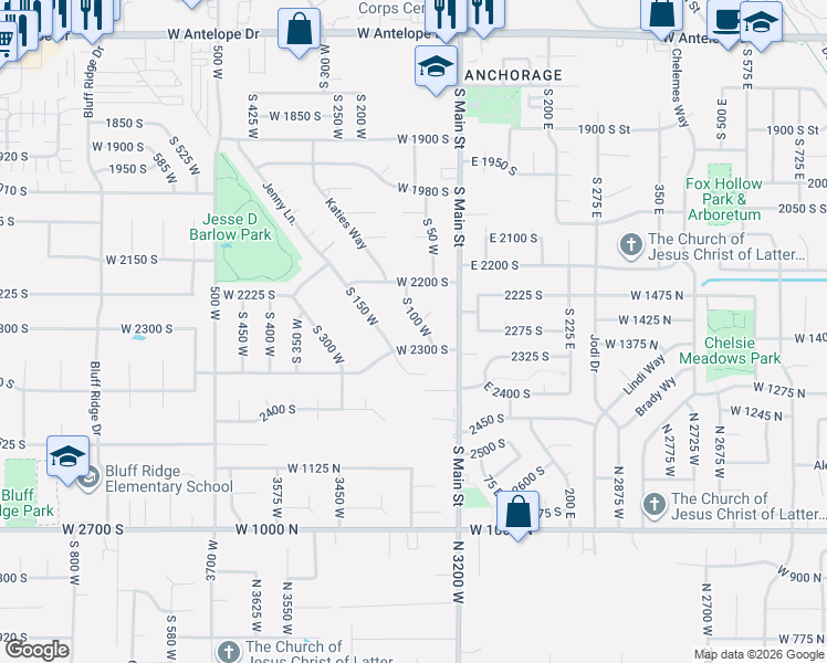 map of restaurants, bars, coffee shops, grocery stores, and more near 2273 South 100 West in Clearfield