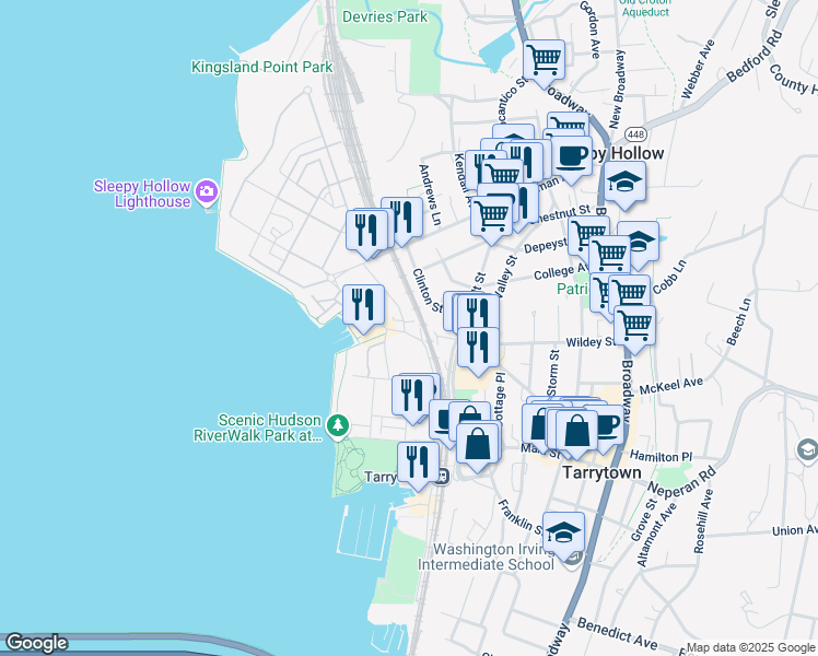 map of restaurants, bars, coffee shops, grocery stores, and more near 1 Division Street in Tarrytown