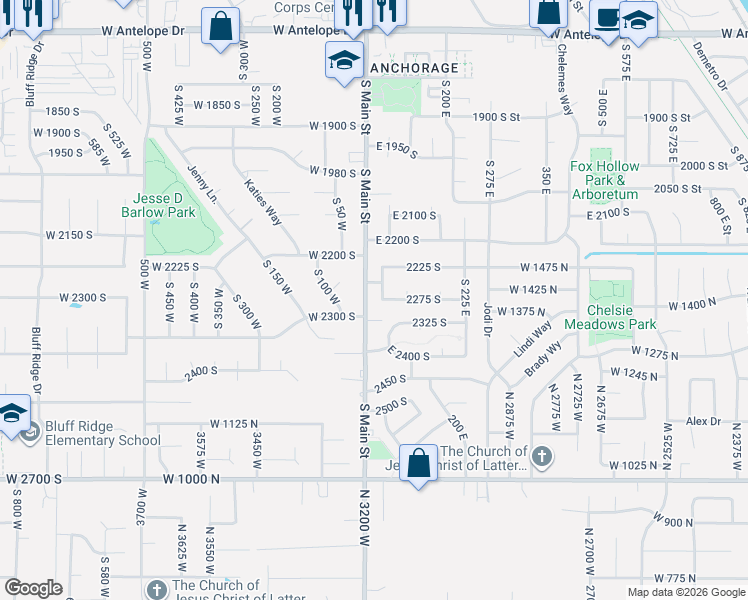 map of restaurants, bars, coffee shops, grocery stores, and more near 2274 South 50 East in Clearfield