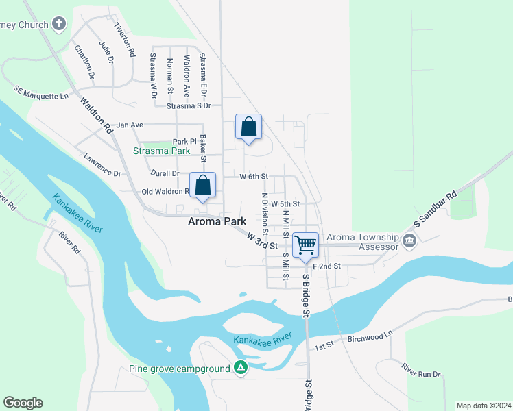 map of restaurants, bars, coffee shops, grocery stores, and more near 301 North Division Street in Aroma Park