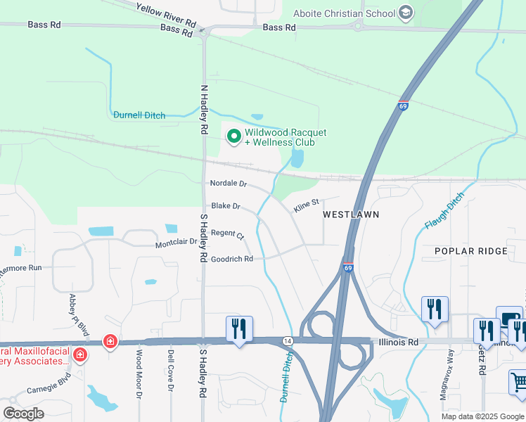 map of restaurants, bars, coffee shops, grocery stores, and more near 301 Blake Drive in Fort Wayne