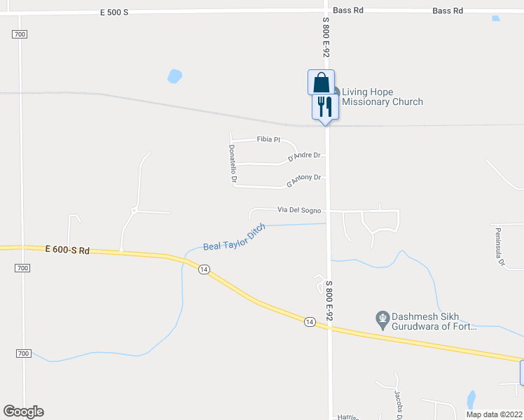 map of restaurants, bars, coffee shops, grocery stores, and more near 7780 Via Del Sogno in Fort Wayne