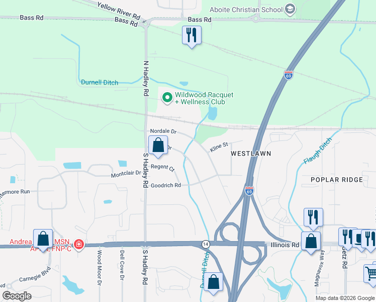 map of restaurants, bars, coffee shops, grocery stores, and more near 301 Blake Drive in Fort Wayne