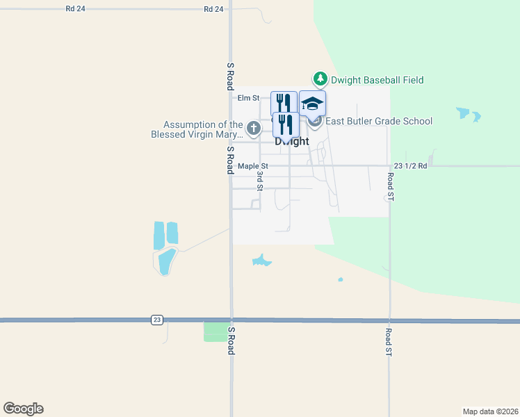 map of restaurants, bars, coffee shops, grocery stores, and more near 256 3rd Street in Dwight