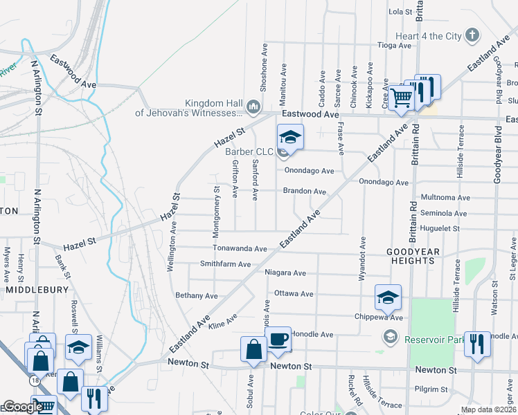 map of restaurants, bars, coffee shops, grocery stores, and more near 603 Sanford Avenue in Akron