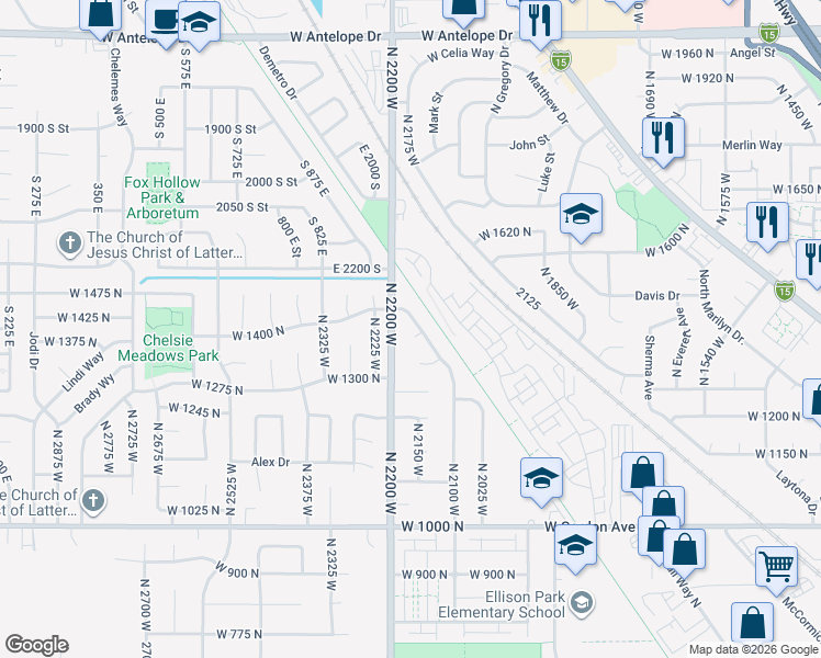 map of restaurants, bars, coffee shops, grocery stores, and more near 1408 North 2200 West in Layton