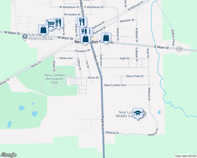 map of restaurants, bars, coffee shops, grocery stores, and more near 100 Park Avenue in New London