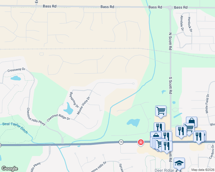 map of restaurants, bars, coffee shops, grocery stores, and more near 10819 Monte Vista Court in Fort Wayne
