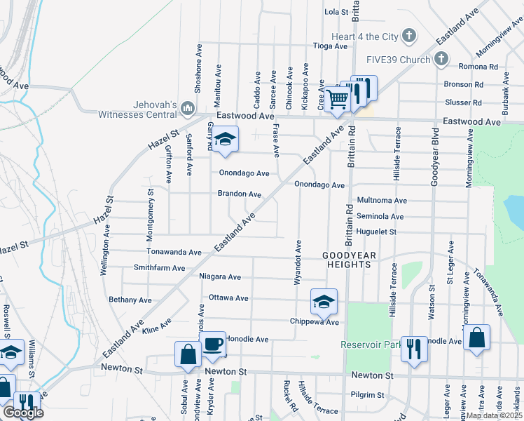 map of restaurants, bars, coffee shops, grocery stores, and more near 577 Eastland Avenue in Akron