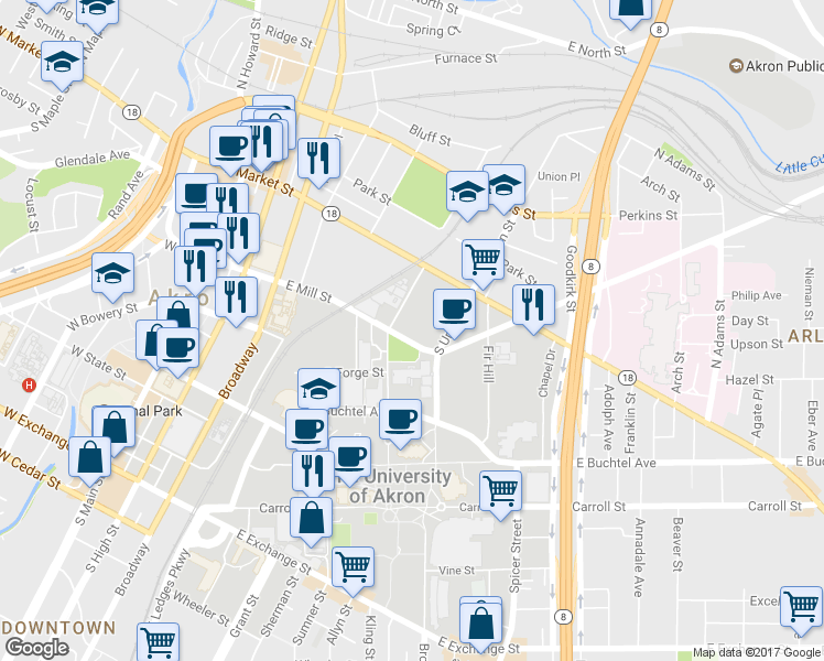 map of restaurants, bars, coffee shops, grocery stores, and more near 263 East Mill Street in Akron