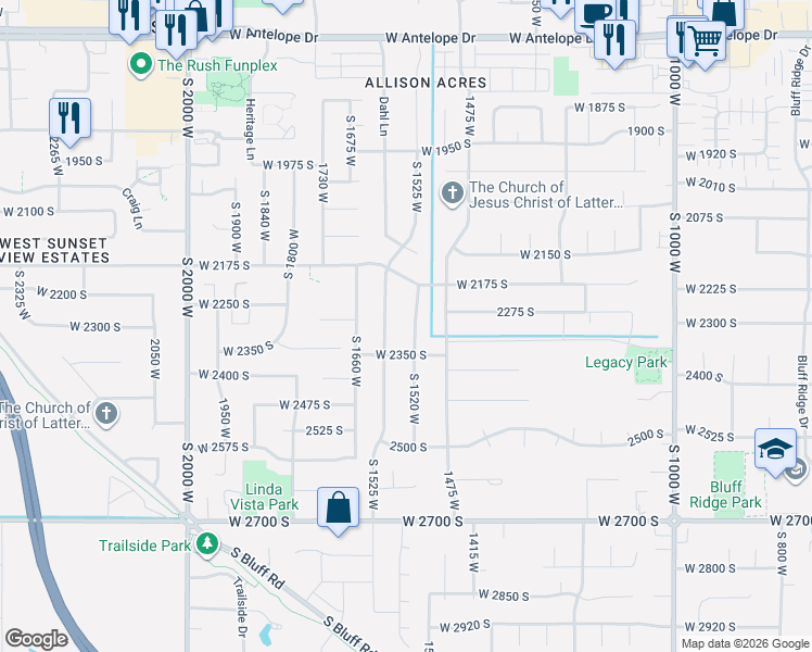map of restaurants, bars, coffee shops, grocery stores, and more near 2292 South 1520 West in Syracuse