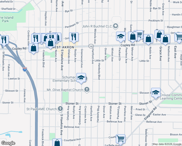 map of restaurants, bars, coffee shops, grocery stores, and more near 973 Hartford Avenue in Akron