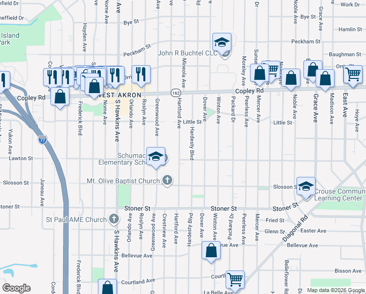 map of restaurants, bars, coffee shops, grocery stores, and more near 973 Hartford Avenue in Akron