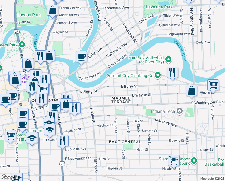 map of restaurants, bars, coffee shops, grocery stores, and more near 814 Harmar Street in Fort Wayne