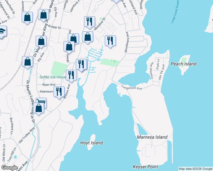map of restaurants, bars, coffee shops, grocery stores, and more near 15 Dock Road in Norwalk