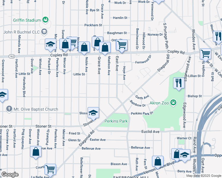 map of restaurants, bars, coffee shops, grocery stores, and more near 643 Madison Avenue in Akron