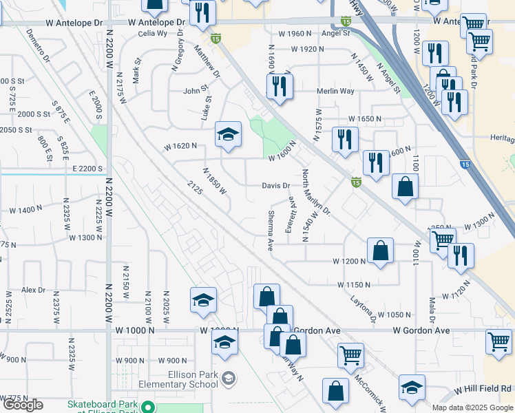 map of restaurants, bars, coffee shops, grocery stores, and more near 1411 North 1725 West in Layton