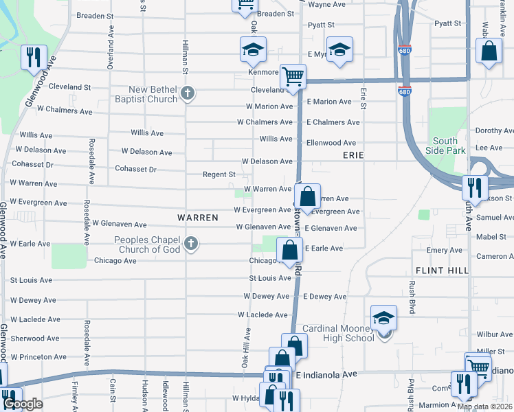 map of restaurants, bars, coffee shops, grocery stores, and more near 68 West Evergreen Avenue in Youngstown