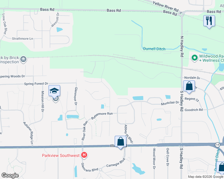 map of restaurants, bars, coffee shops, grocery stores, and more near 325 Deer Cliff Run in Fort Wayne