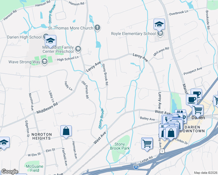 map of restaurants, bars, coffee shops, grocery stores, and more near 50 Stony Brook Road in Darien