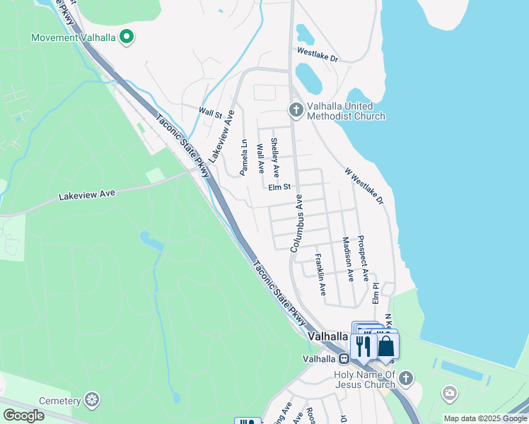 map of restaurants, bars, coffee shops, grocery stores, and more near 24 Clinton Street in Valhalla