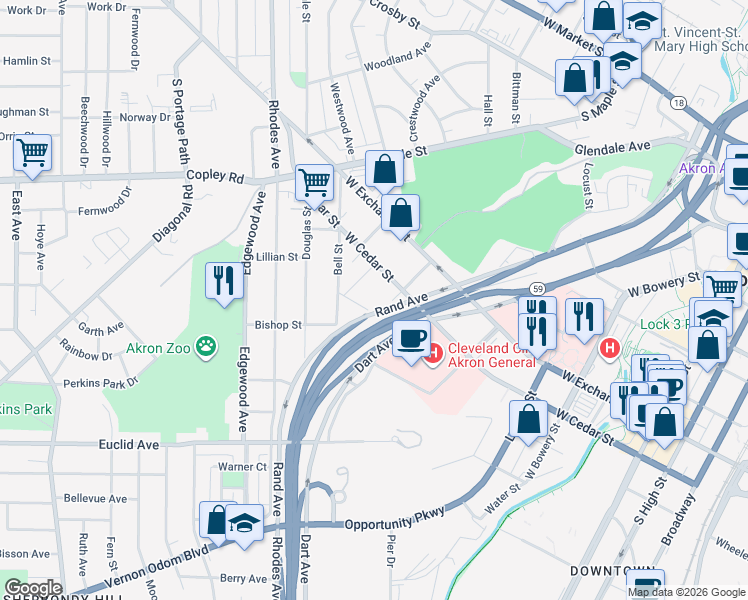 map of restaurants, bars, coffee shops, grocery stores, and more near 352 West Cedar Street in Akron