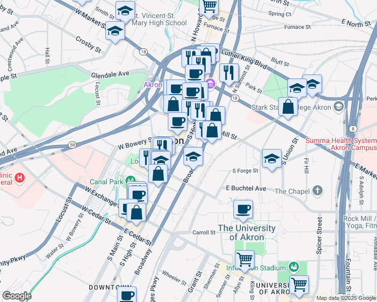 map of restaurants, bars, coffee shops, grocery stores, and more near 161 South High Street in Akron