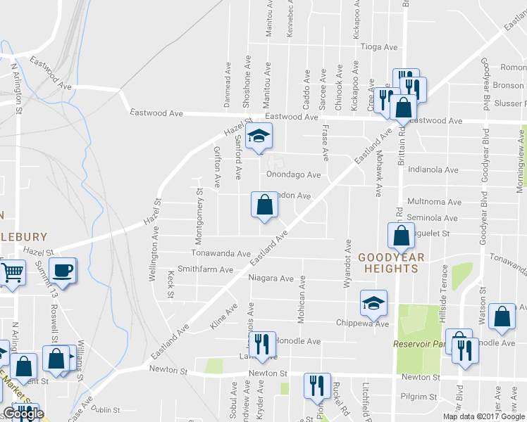map of restaurants, bars, coffee shops, grocery stores, and more near 581 Garry Road in Akron