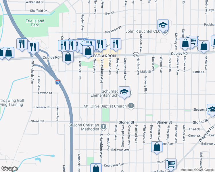 map of restaurants, bars, coffee shops, grocery stores, and more near 1120 Orlando Avenue in Akron