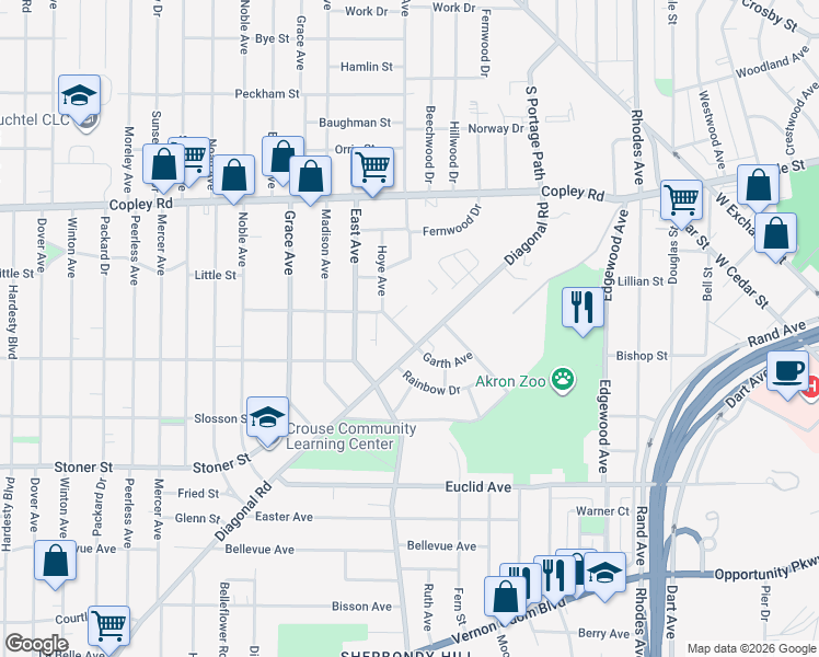 map of restaurants, bars, coffee shops, grocery stores, and more near 727 Garth Ave in Akron