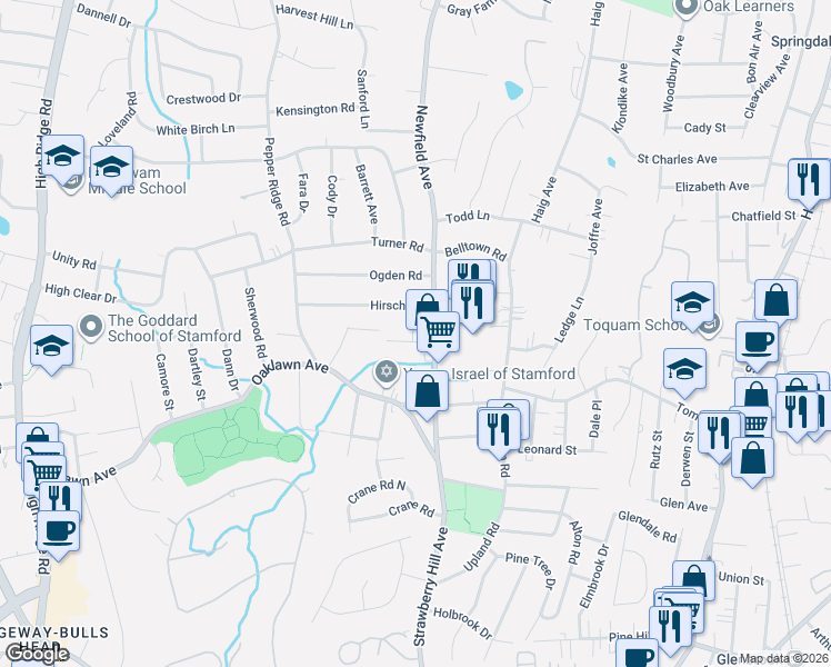 map of restaurants, bars, coffee shops, grocery stores, and more near 28 Newfield Court in Stamford