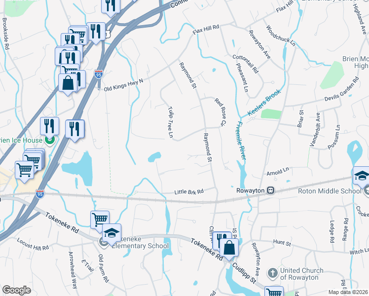 map of restaurants, bars, coffee shops, grocery stores, and more near 115 Raymond Street in Darien